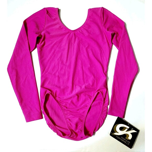 GK Elite VTG 90s AXS Bright Pink Waffle Leotard Stretch Long Sleeve NWT Adult XS - Picture 1 of 15